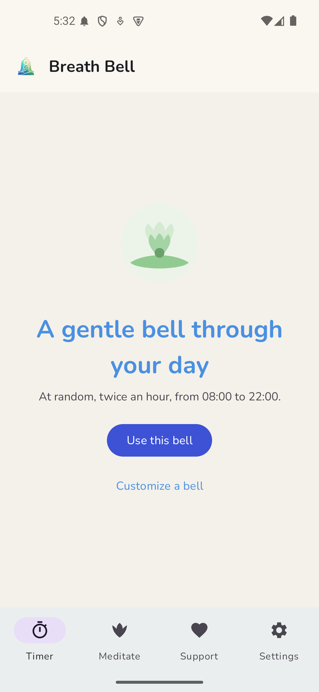 Breath Bell timer screen with a calm blue breathing circle
